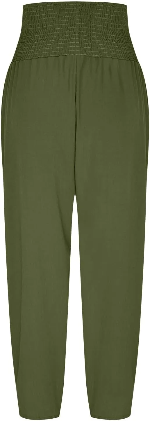 Ceboyel Women Lantern Linen Pants High Elastic Waist Tapered Harem Pants Summer Beach Boho Trouser Trendy Ladies Outfits