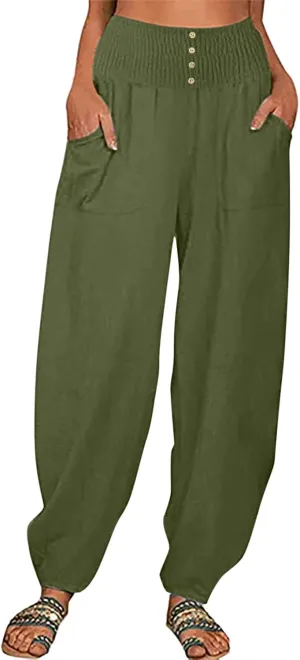 Ceboyel Women Lantern Linen Pants High Elastic Waist Tapered Harem Pants Summer Beach Boho Trouser Trendy Ladies Outfits