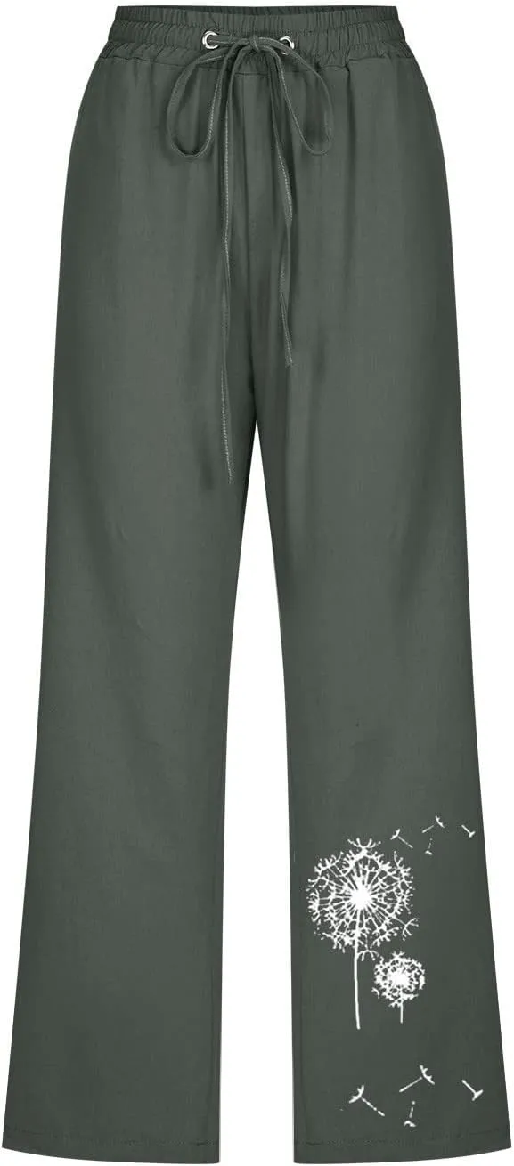 Ceboyel Women Linen Summer Pants Dandelion Pattern Capri Pants Drawstring Cropped Pants High Waist Beach Trouser 2023