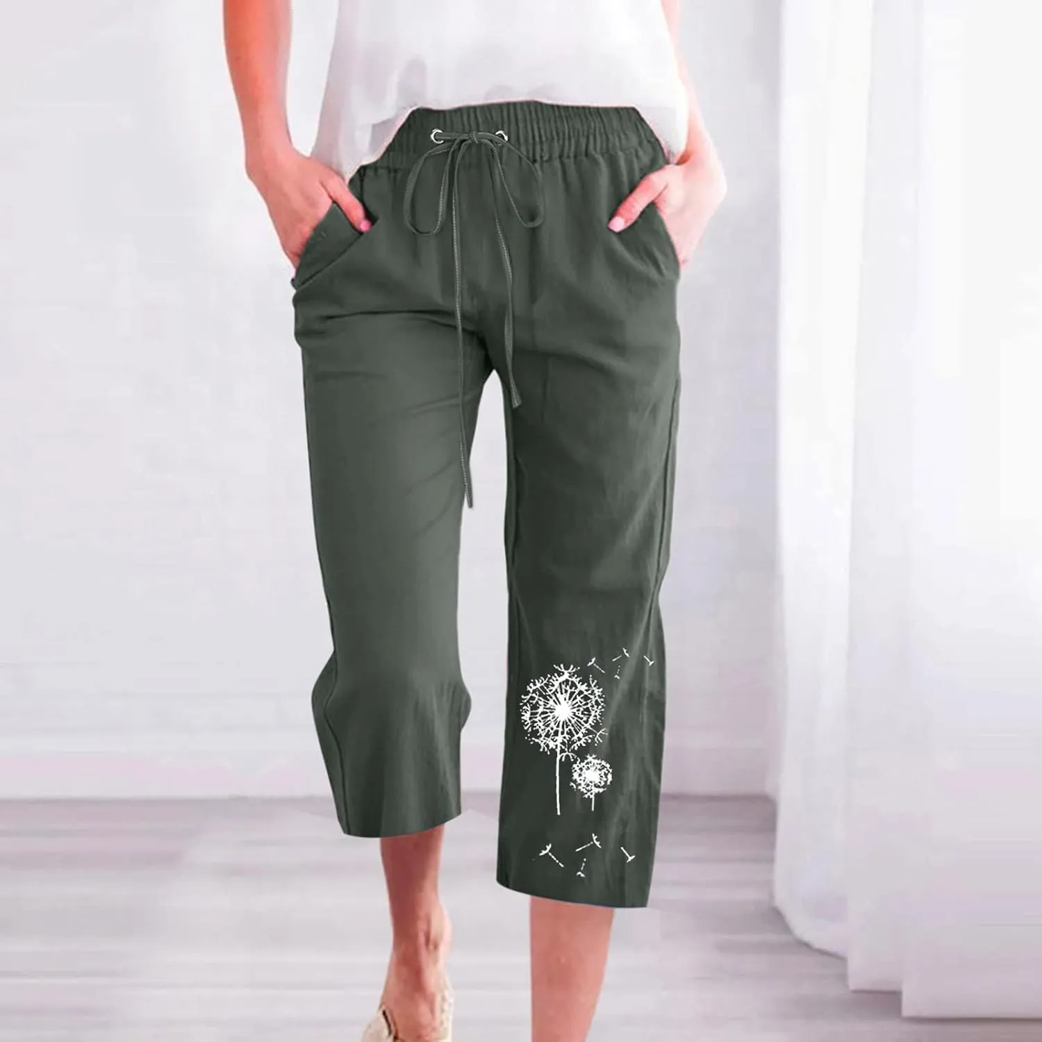 Ceboyel Women Linen Summer Pants Dandelion Pattern Capri Pants Drawstring Cropped Pants High Waist Beach Trouser 2023