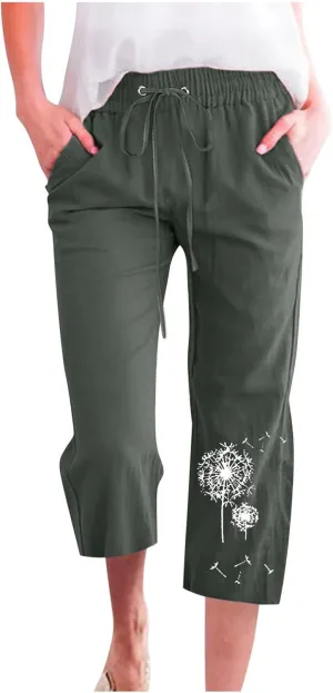 Ceboyel Women Linen Summer Pants Dandelion Pattern Capri Pants Drawstring Cropped Pants High Waist Beach Trouser 2023