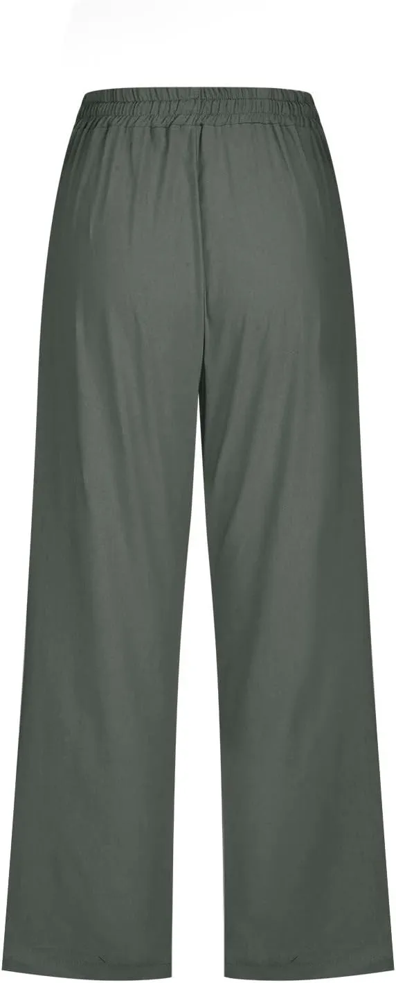 Ceboyel Women Linen Summer Pants Dandelion Pattern Capri Pants Drawstring Cropped Pants High Waist Beach Trouser 2023
