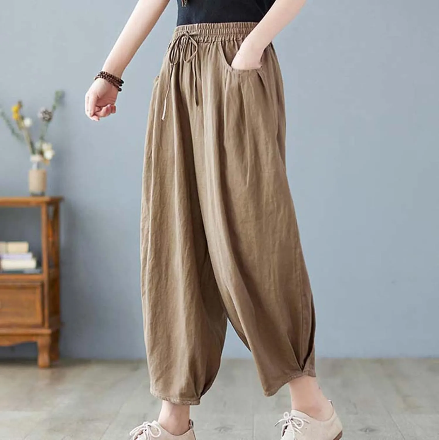 Ceboyel Womens Cotton Linen Harem Pants Drawstring Elastic Waist Summer Trouser Casual Baggy Pants Boho Beach Clothes 2023