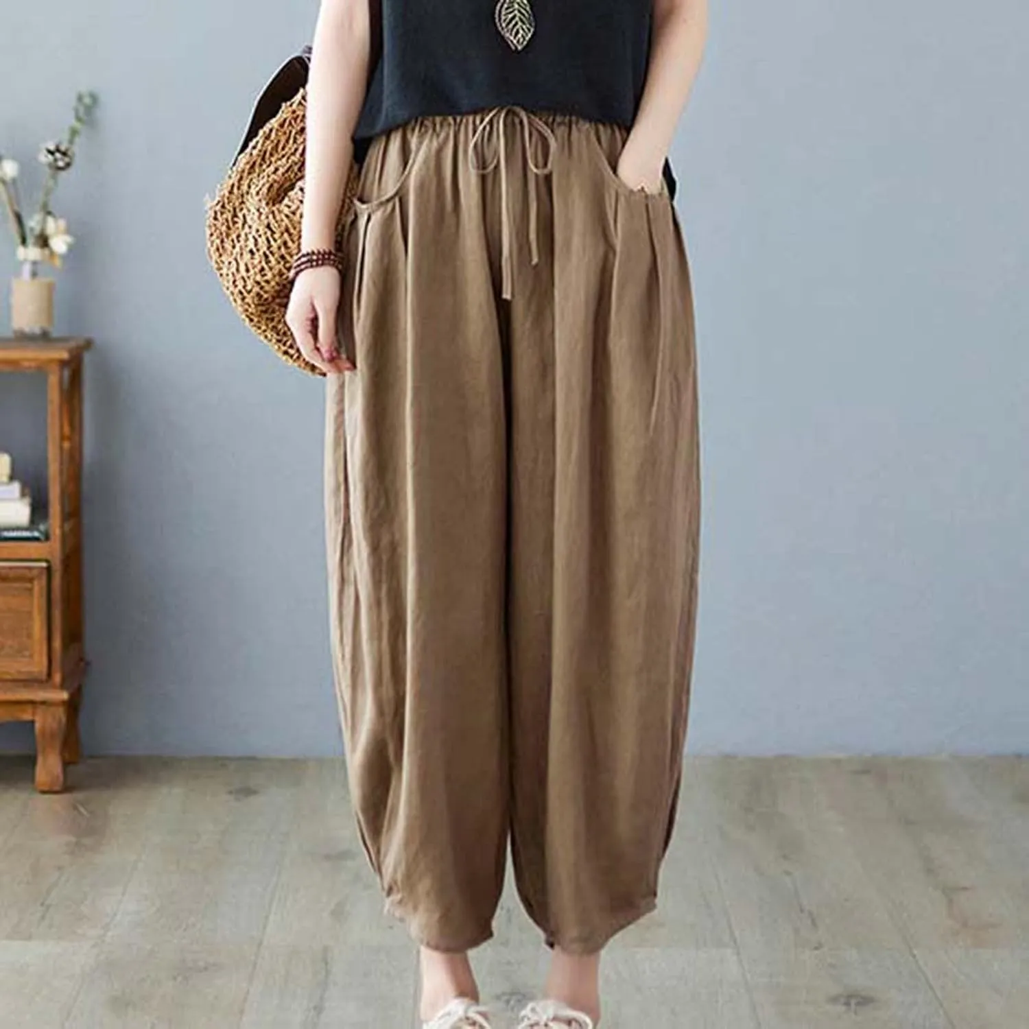 Ceboyel Womens Cotton Linen Harem Pants Drawstring Elastic Waist Summer Trouser Casual Baggy Pants Boho Beach Clothes 2023