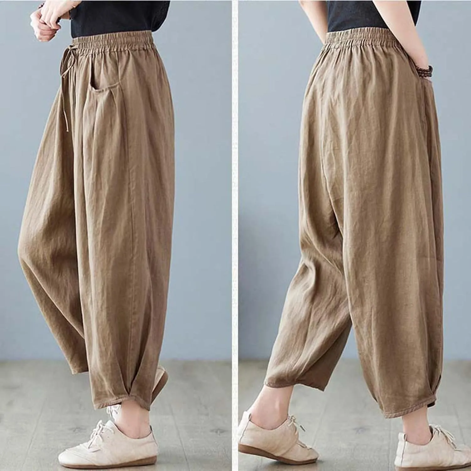Ceboyel Womens Cotton Linen Harem Pants Drawstring Elastic Waist Summer Trouser Casual Baggy Pants Boho Beach Clothes 2023