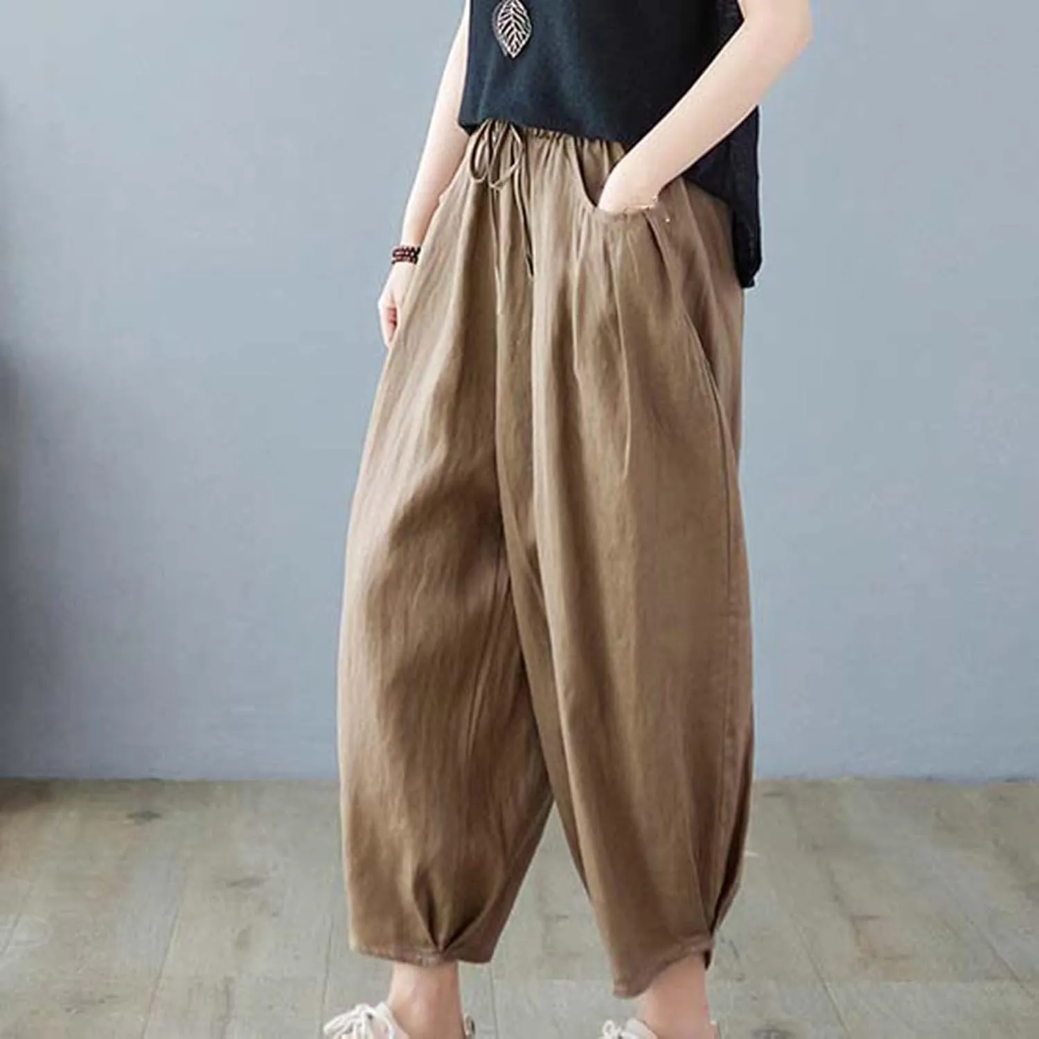 Ceboyel Womens Cotton Linen Harem Pants Drawstring Elastic Waist Summer Trouser Casual Baggy Pants Boho Beach Clothes 2023