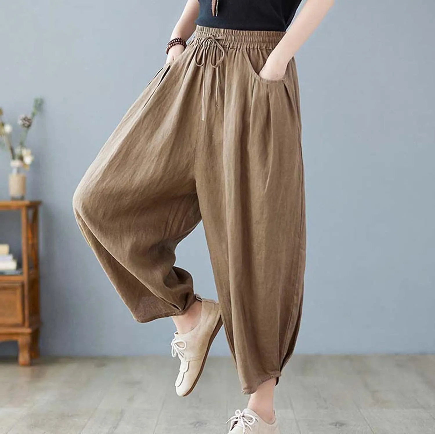Ceboyel Womens Cotton Linen Harem Pants Drawstring Elastic Waist Summer Trouser Casual Baggy Pants Boho Beach Clothes 2023