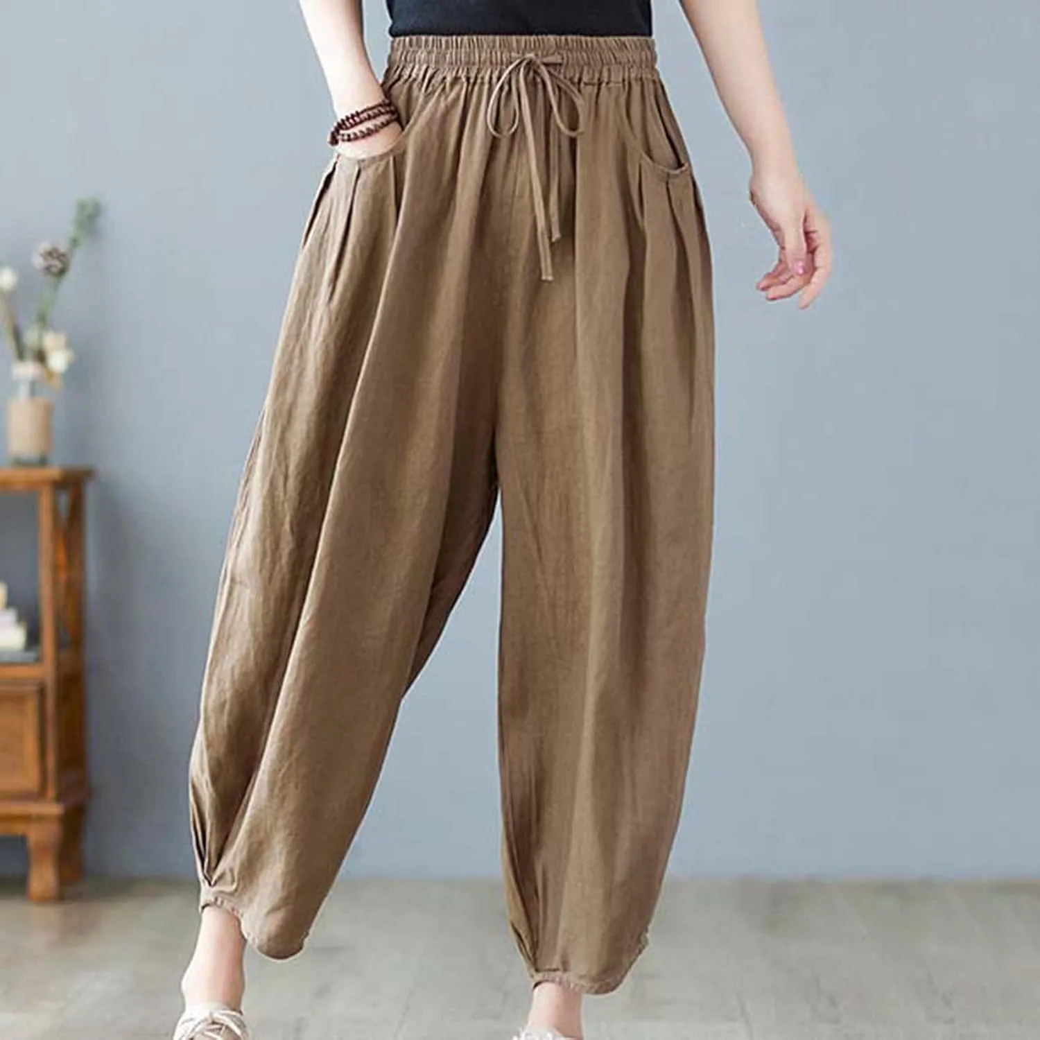 Ceboyel Womens Cotton Linen Harem Pants Drawstring Elastic Waist Summer Trouser Casual Baggy Pants Boho Beach Clothes 2023