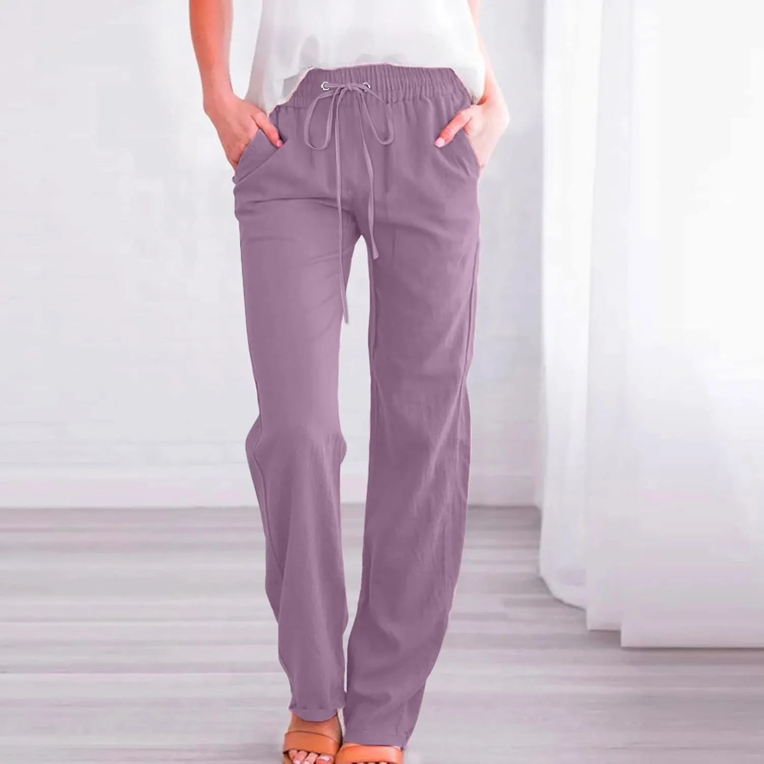 Ceboyel Women's Cotton Linen Pants Drawstring Causal Summer Pants Elastic Waist Trousers Trendy Baggy Laides Outfits 2023