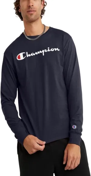 Champion, Classic Long Sleeve, Comfortable, Soft T-Shirt for Men (Reg. or Big & Tall), Navy Script, X-Small