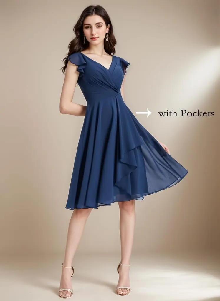 Chiffon Bridesmaid Dresses for Wedding Knee Length Short Sleeves Cocktail Party Dress with Pockets Ruffle