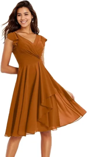 Chiffon Bridesmaid Dresses for Wedding Knee Length Short Sleeves Cocktail Party Dress with Pockets Ruffle