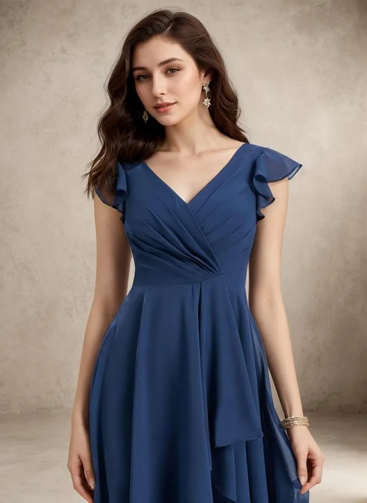 Chiffon Bridesmaid Dresses for Wedding Knee Length Short Sleeves Cocktail Party Dress with Pockets Ruffle