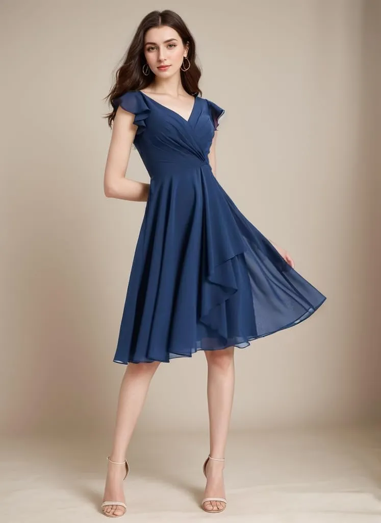 Chiffon Bridesmaid Dresses for Wedding Knee Length Short Sleeves Cocktail Party Dress with Pockets Ruffle