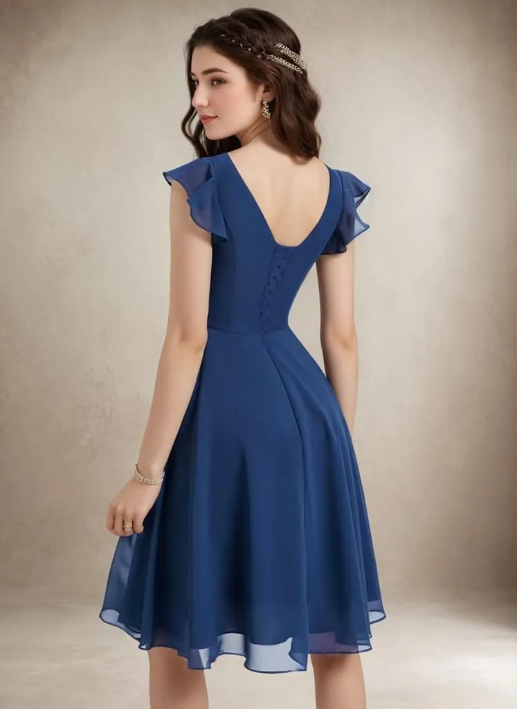 Chiffon Bridesmaid Dresses for Wedding Knee Length Short Sleeves Cocktail Party Dress with Pockets Ruffle