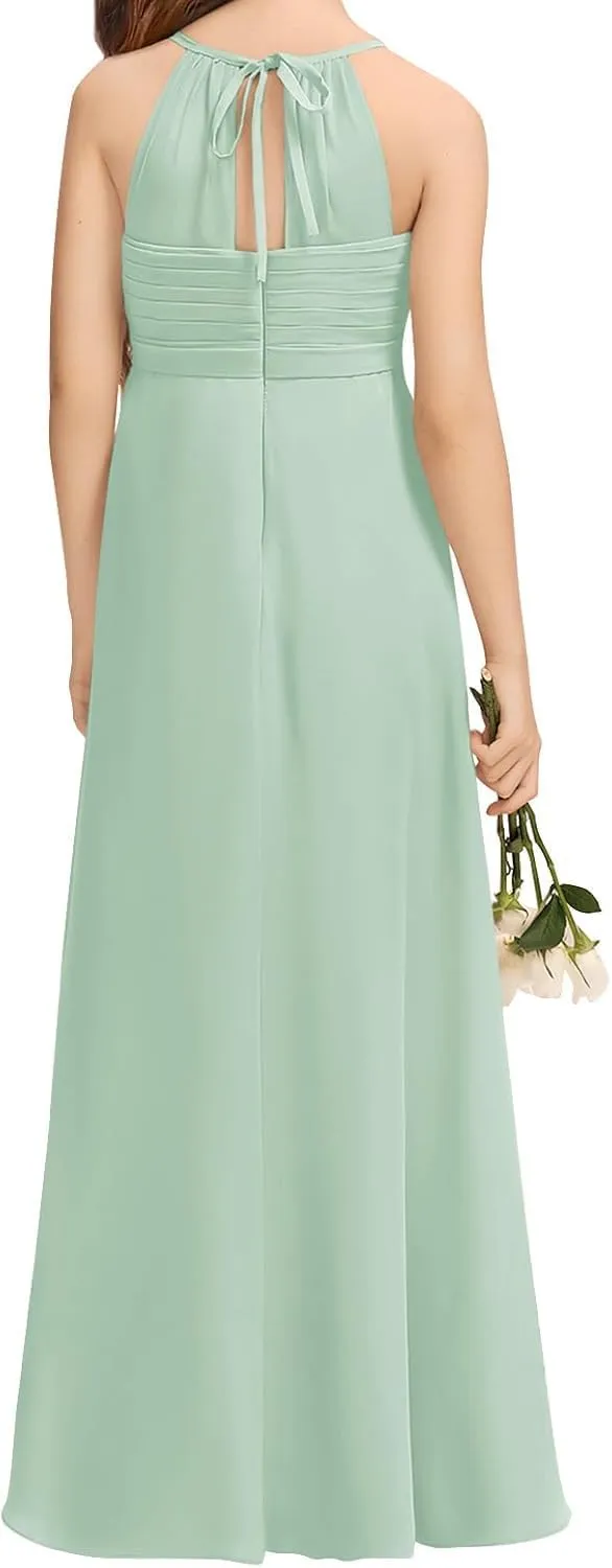 Chiffon Flower Girl Dress Long Junior Bridesmaid Dress for Wedding Sleeveless Formal Prom Gowns for Teens