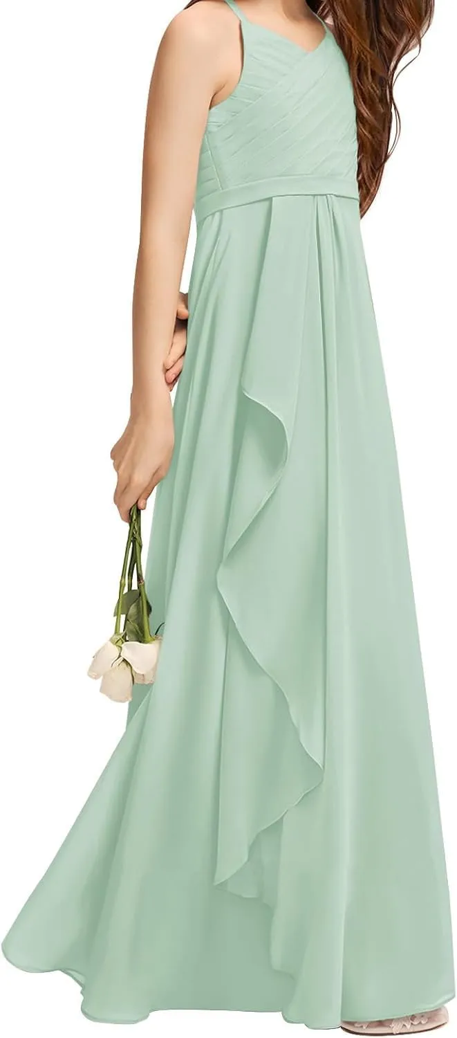 Chiffon Flower Girl Dress Long Junior Bridesmaid Dress for Wedding Sleeveless Formal Prom Gowns for Teens