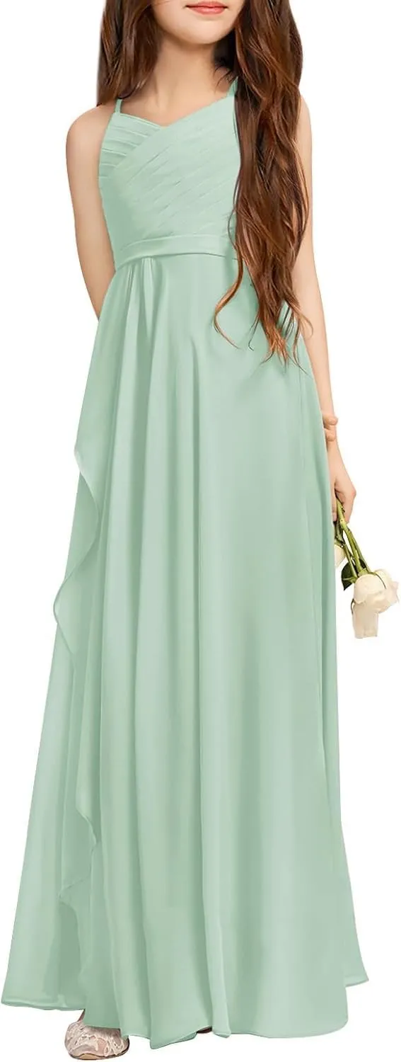 Chiffon Flower Girl Dress Long Junior Bridesmaid Dress for Wedding Sleeveless Formal Prom Gowns for Teens