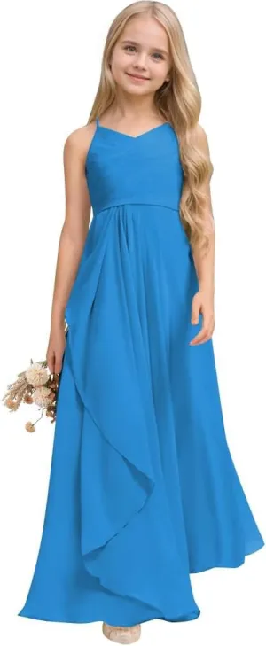 Chiffon Flower Girl Dress Long Junior Bridesmaid Dress for Wedding Sleeveless Formal Prom Gowns for Teens