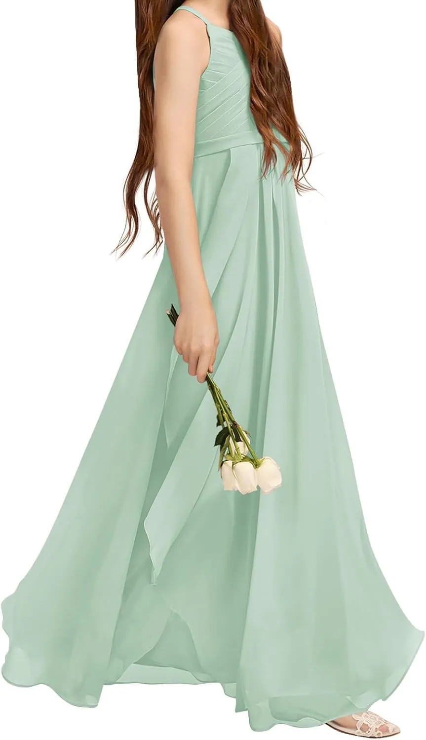Chiffon Flower Girl Dress Long Junior Bridesmaid Dress for Wedding Sleeveless Formal Prom Gowns for Teens