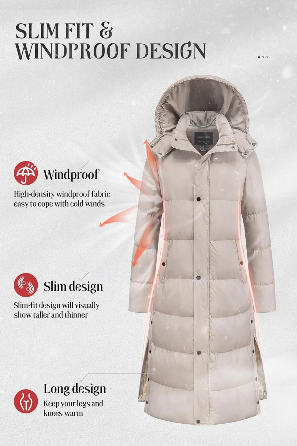 Chrisuno Women's Long Winter Coat Warm Windproof Quilted Puffer Jacket Thicken Puffy Parka With Hood
