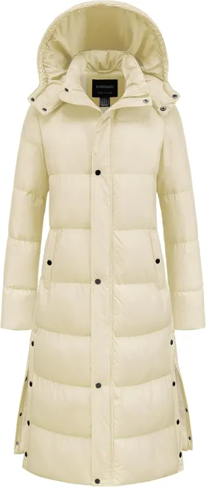 Chrisuno Women's Long Winter Coat Warm Windproof Quilted Puffer Jacket Thicken Puffy Parka With Hood