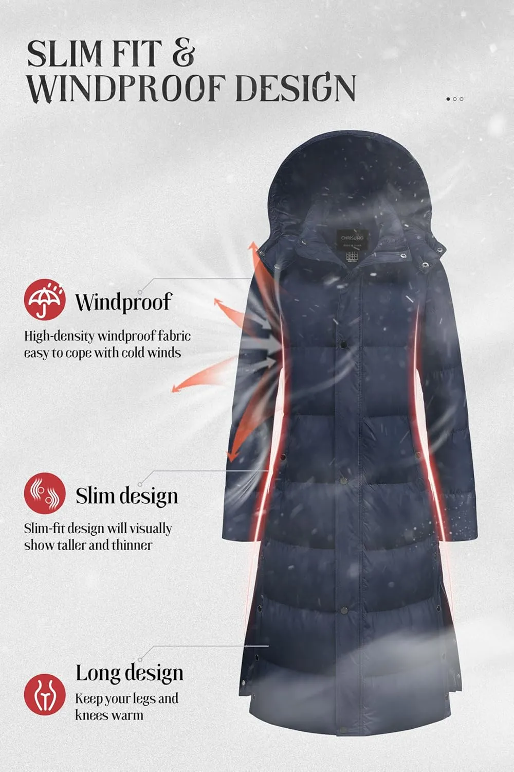 Chrisuno Women's Long Winter Coat Warm Windproof Quilted Puffer Jacket Thicken Puffy Parka With Hood
