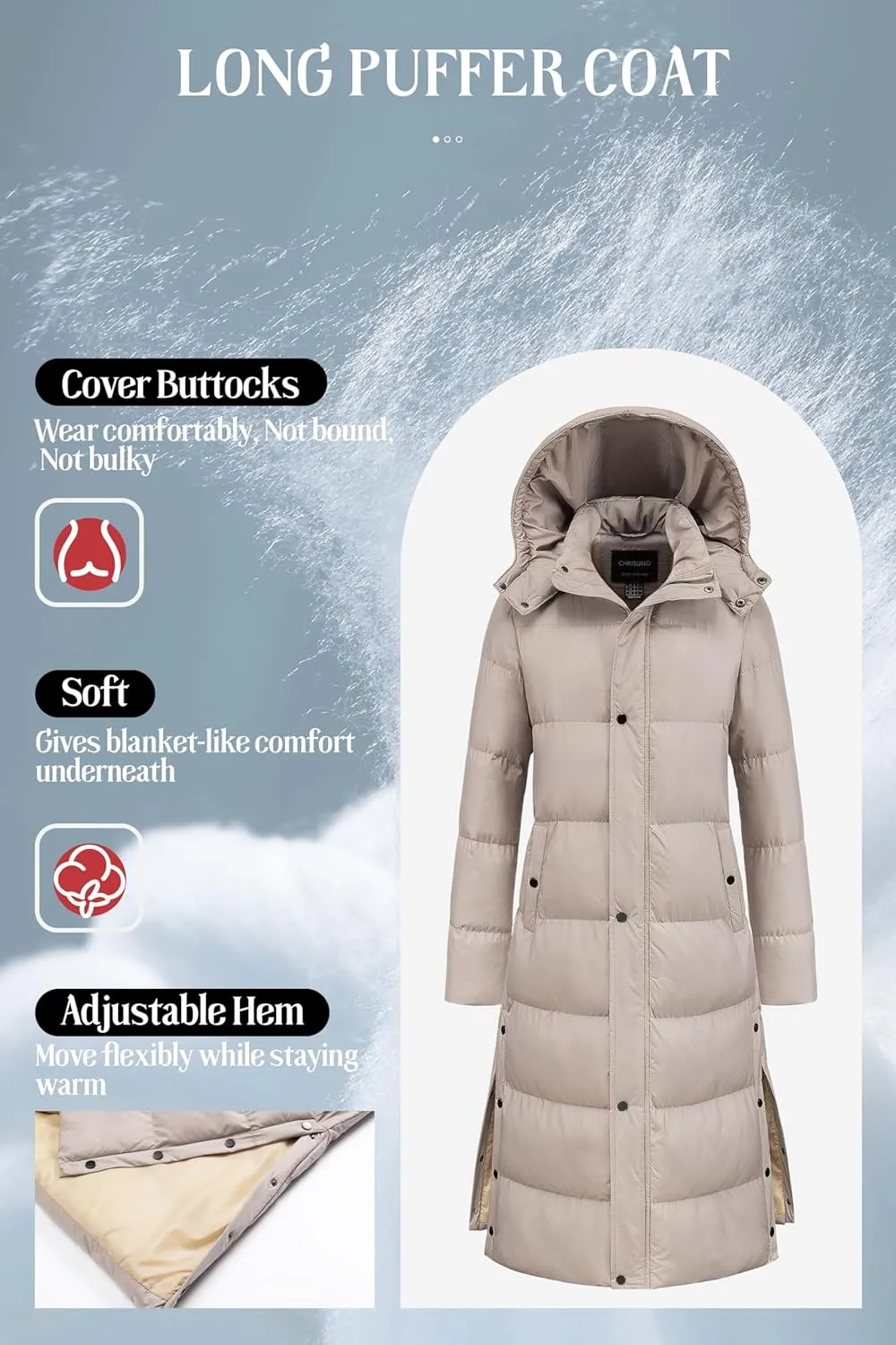 Chrisuno Women's Long Winter Coat Warm Windproof Quilted Puffer Jacket Thicken Puffy Parka With Hood