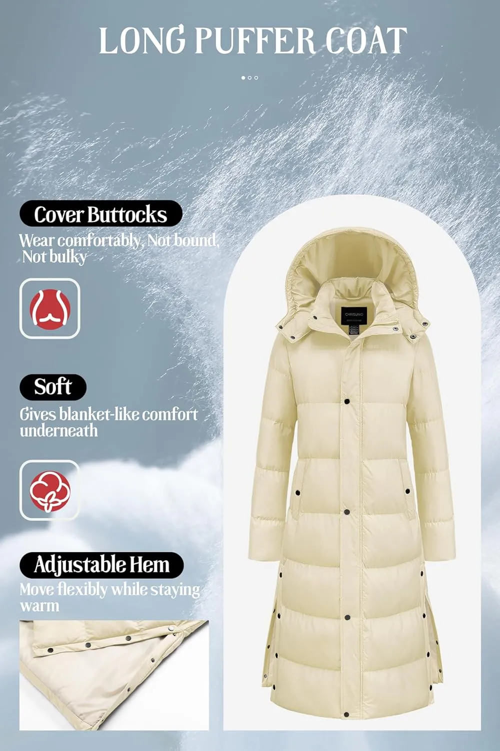 Chrisuno Women's Long Winter Coat Warm Windproof Quilted Puffer Jacket Thicken Puffy Parka With Hood
