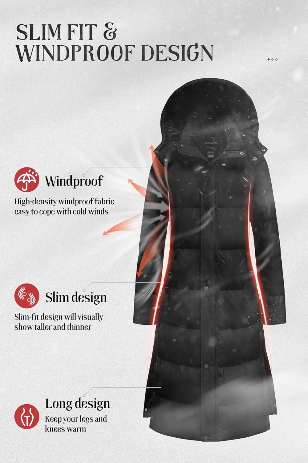 Chrisuno Women's Long Winter Coat Warm Windproof Quilted Puffer Jacket Thicken Puffy Parka With Hood