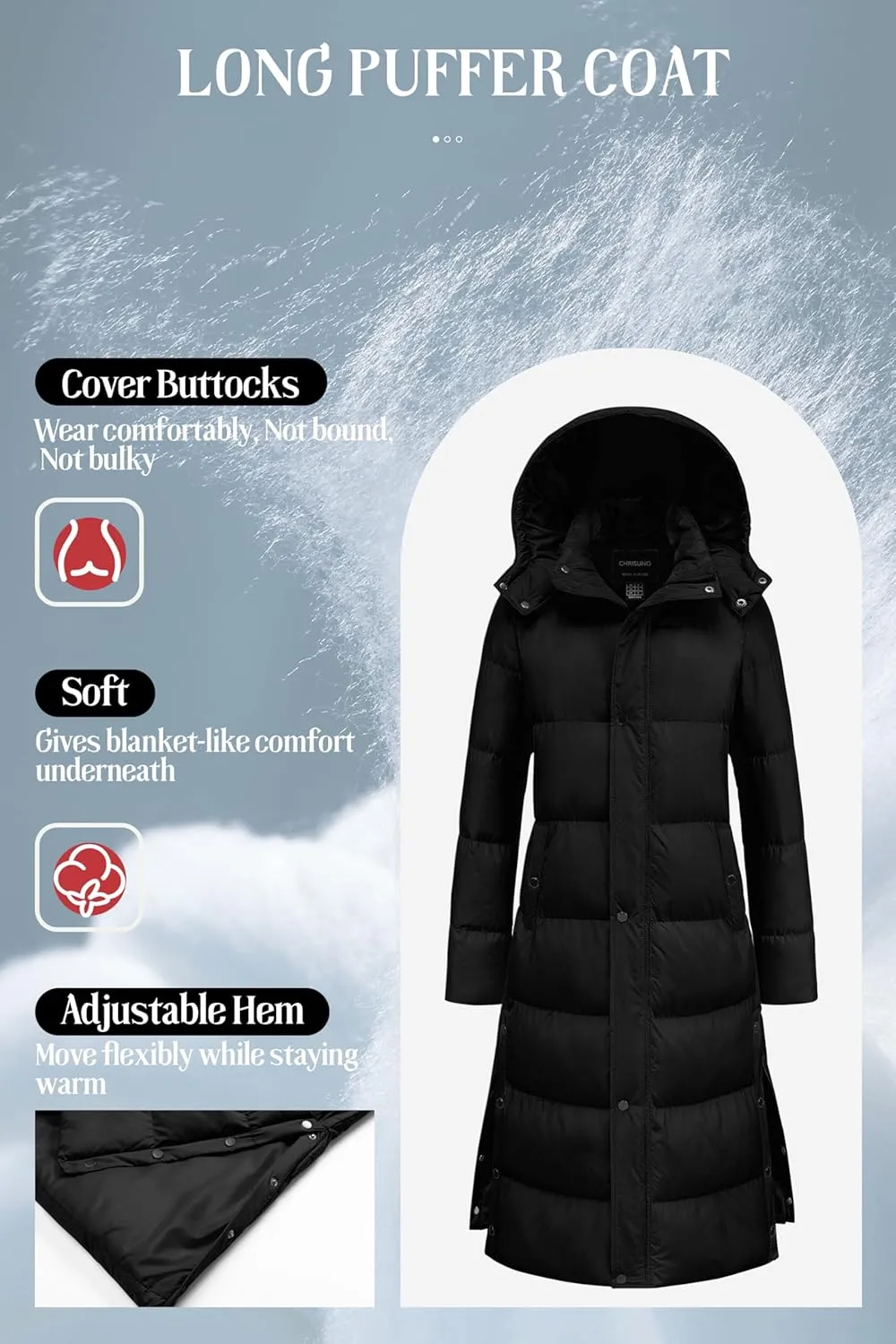 Chrisuno Women's Long Winter Coat Warm Windproof Quilted Puffer Jacket Thicken Puffy Parka With Hood