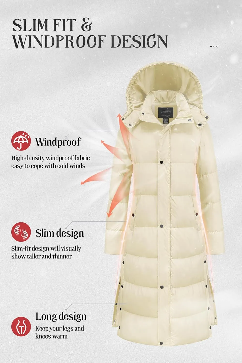 Chrisuno Women's Long Winter Coat Warm Windproof Quilted Puffer Jacket Thicken Puffy Parka With Hood