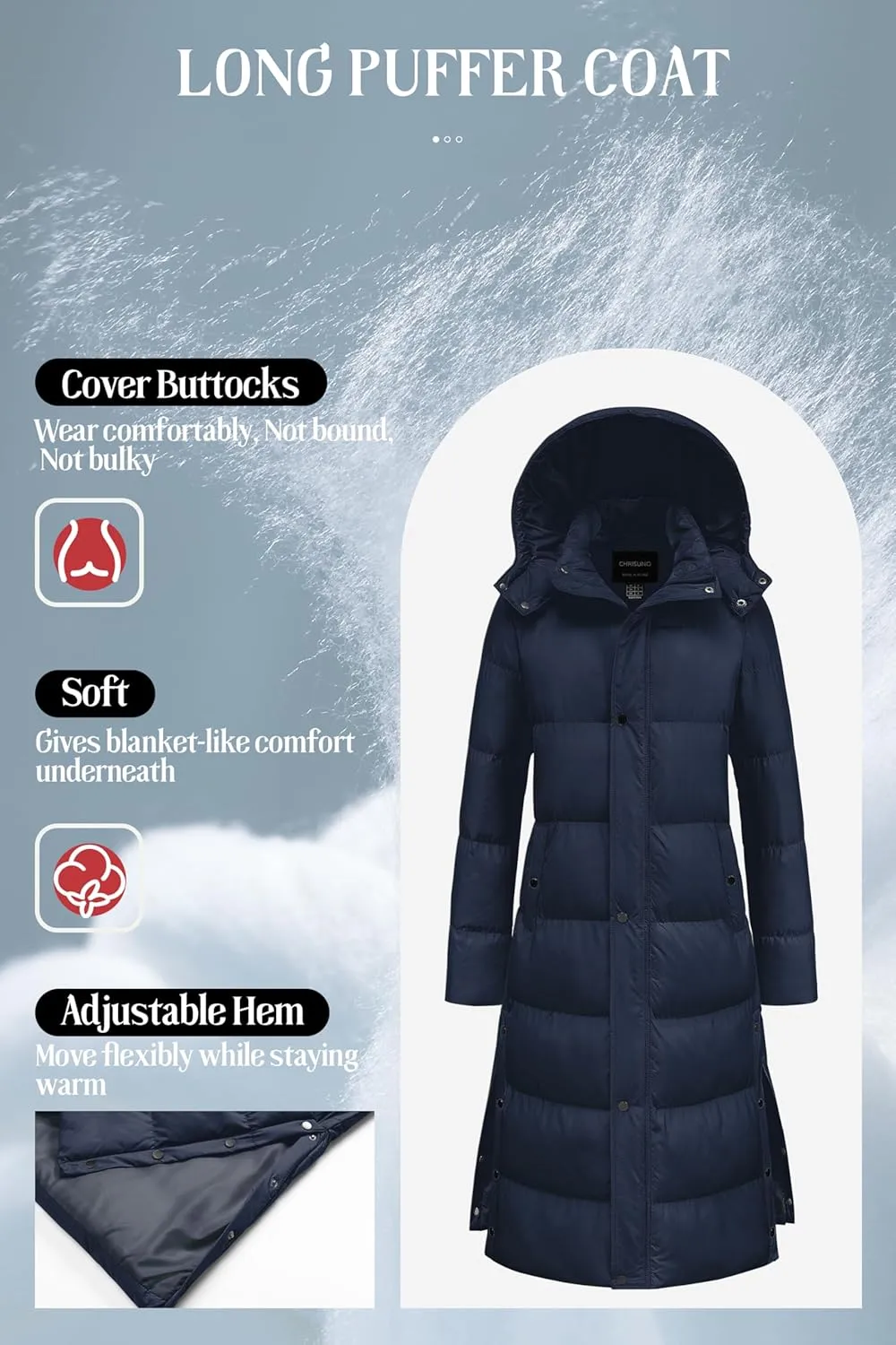 Chrisuno Women's Long Winter Coat Warm Windproof Quilted Puffer Jacket Thicken Puffy Parka With Hood