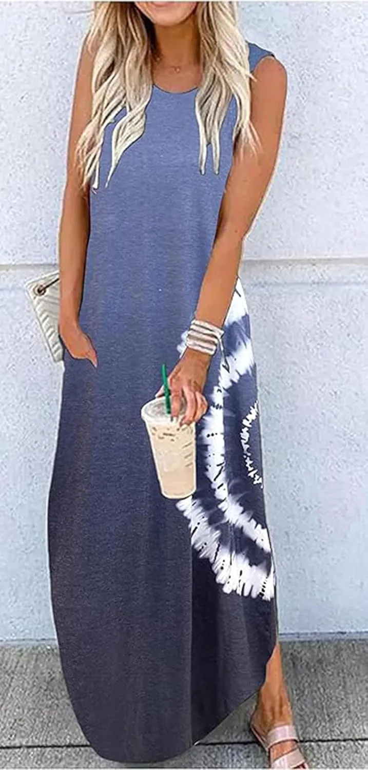 CHUNTIANRAN Women's 2023 Casual Loose Sundress Maxi Dress Sleeveless Summer Beach Long Dresses Tshirt Dress with Pockets