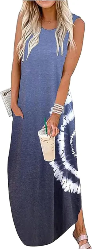 CHUNTIANRAN Women's 2023 Casual Loose Sundress Maxi Dress Sleeveless Summer Beach Long Dresses Tshirt Dress with Pockets