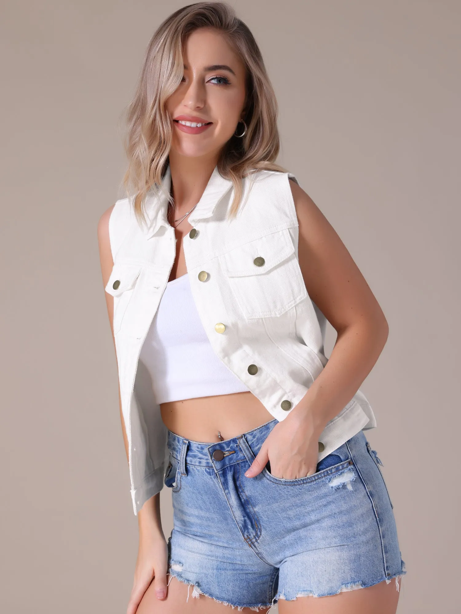 CIMUK Women's Denim Vest Button Down Chest Flap Pockets Washed Distressed Sleeveless Jean Jacket