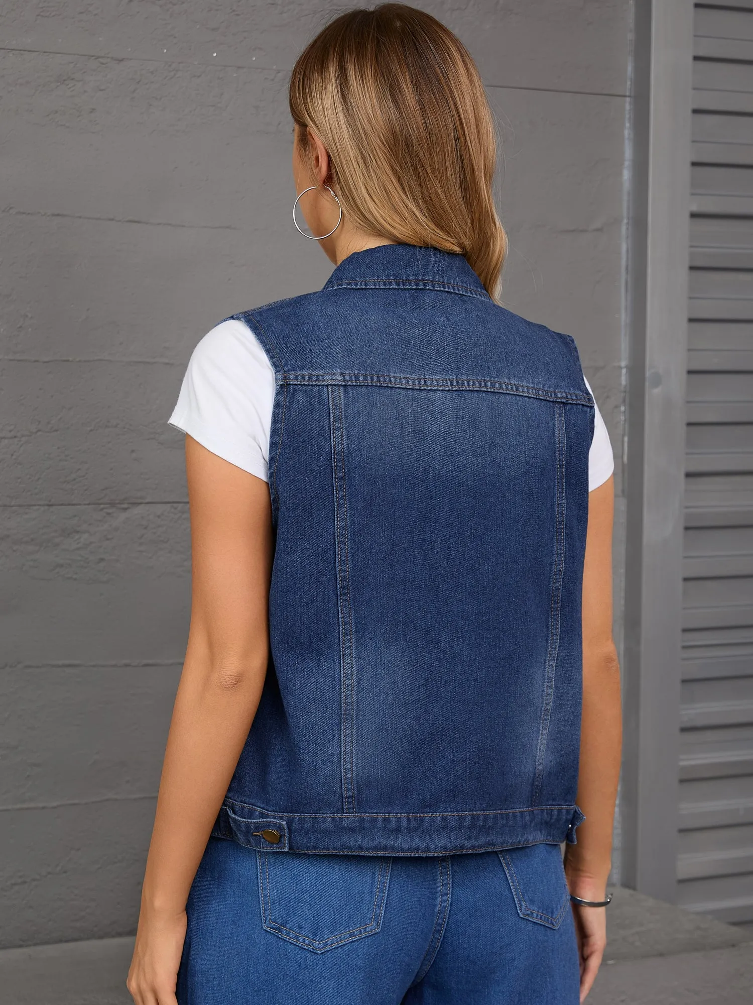 CIMUK Women's Denim Vest Button Down Chest Flap Pockets Washed Distressed Sleeveless Jean Jacket