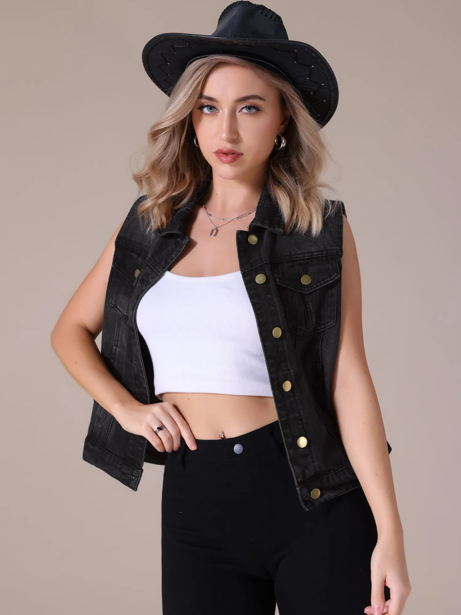 CIMUK Women's Denim Vest Button Down Chest Flap Pockets Washed Distressed Sleeveless Jean Jacket