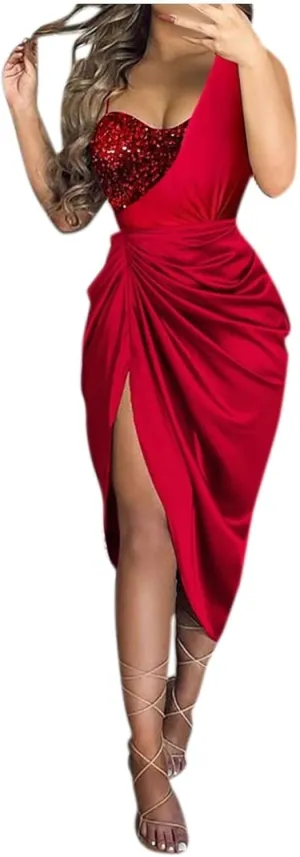 Cocktail Dresses for Women,2025 Elegant Bodycon One/Off Shoulder Wedding Guest Dress Ruched Slit Hem Party Dress