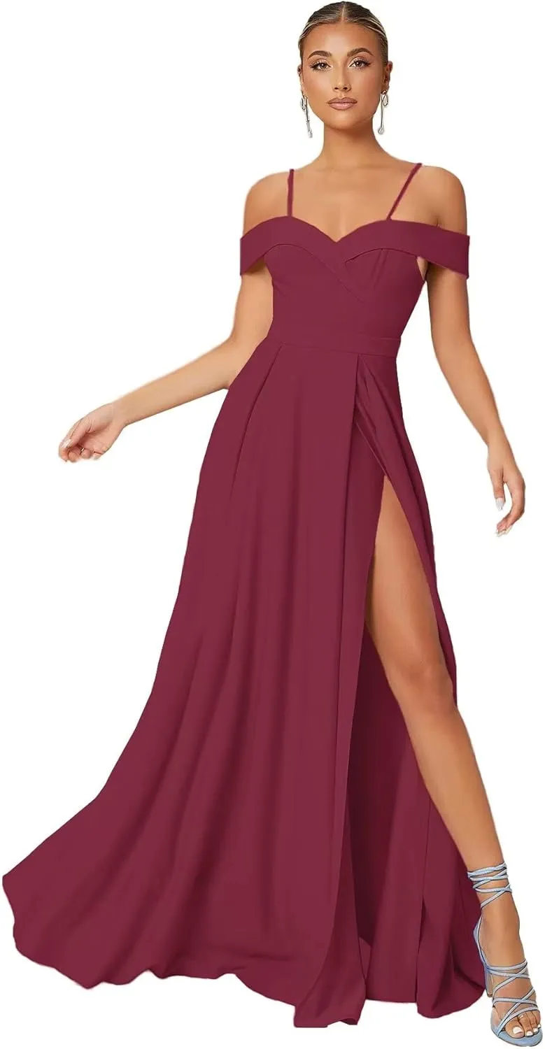 Cold Shoulder Chiffon Bridesmaids Dresses Long Slit Formal Party Dress for Junior Pleated Prom Evening Gowns Strappy DR0085