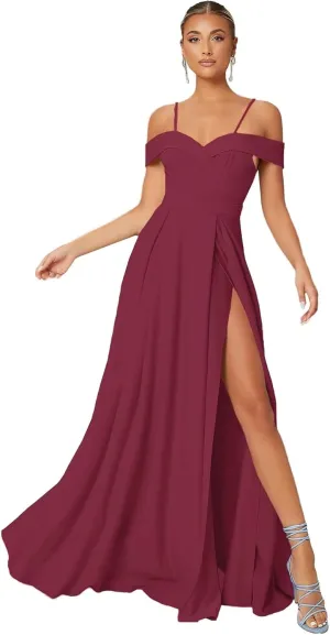 Cold Shoulder Chiffon Bridesmaids Dresses Long Slit Formal Party Dress for Junior Pleated Prom Evening Gowns Strappy DR0085