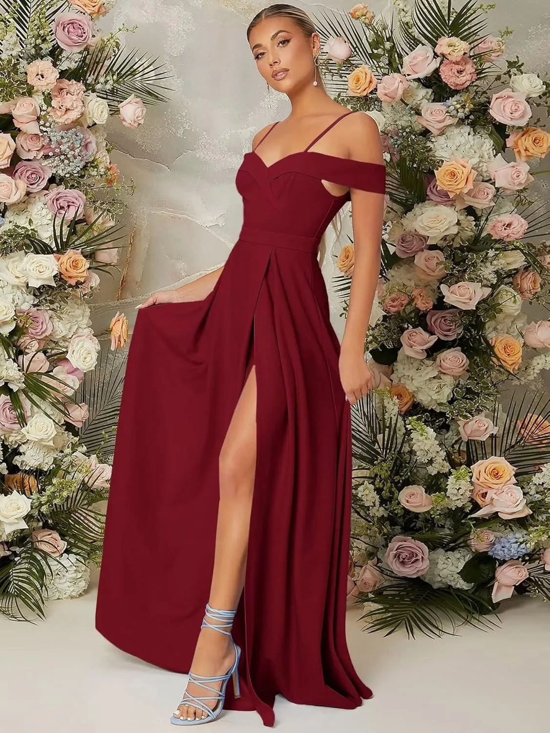 Cold Shoulder Chiffon Bridesmaids Dresses Long Slit Formal Party Dress for Junior Pleated Prom Evening Gowns Strappy DR0085