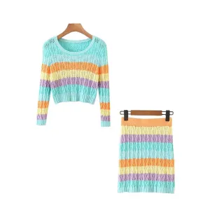 COLOR STRIPED KNITTED SWEATER WITH SKIRT