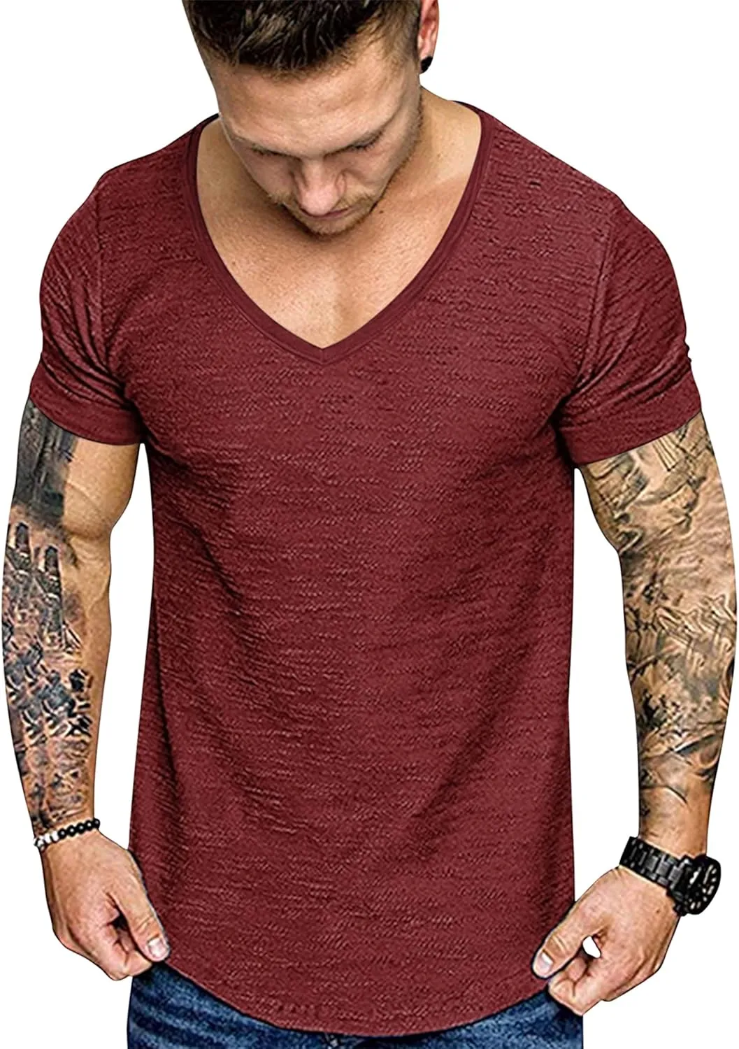 COOFANDY Mens 2 Pack Muscle V Neck T Shirt Fitted Gym Workout Short Sleeve Bodybuilding Tee