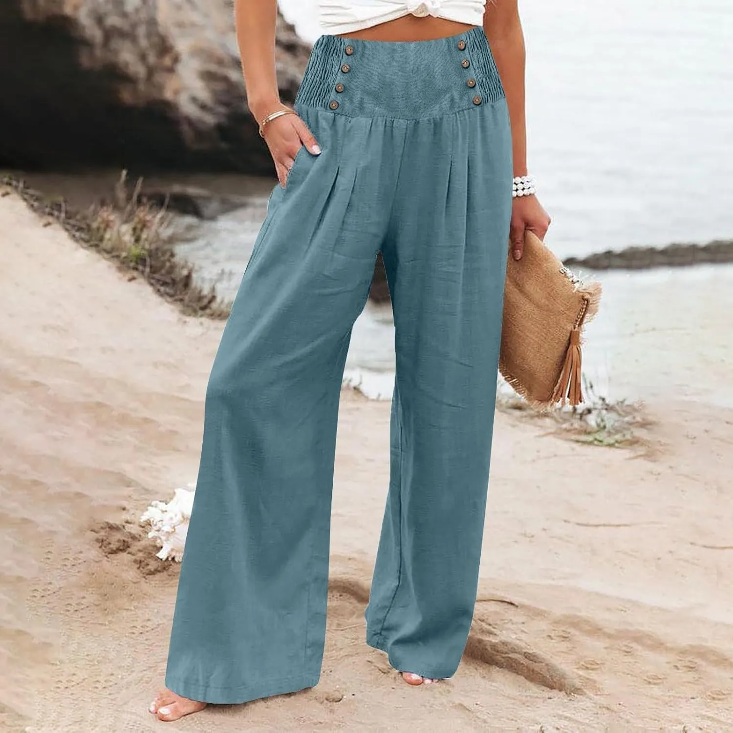 cooki Women Linen Palazzo Pants Summer Casual Elastic High Waist Wide Leg Long Cotton Beach Lounge Pants Trousers Loose Fit