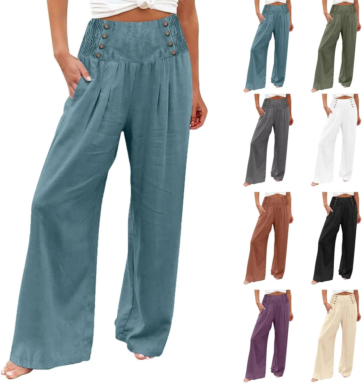 cooki Women Linen Palazzo Pants Summer Casual Elastic High Waist Wide Leg Long Cotton Beach Lounge Pants Trousers Loose Fit