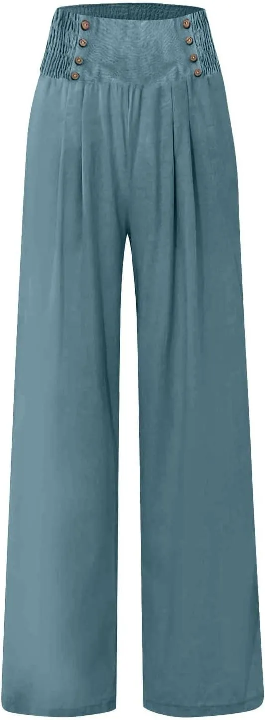 cooki Women Linen Palazzo Pants Summer Casual Elastic High Waist Wide Leg Long Cotton Beach Lounge Pants Trousers Loose Fit