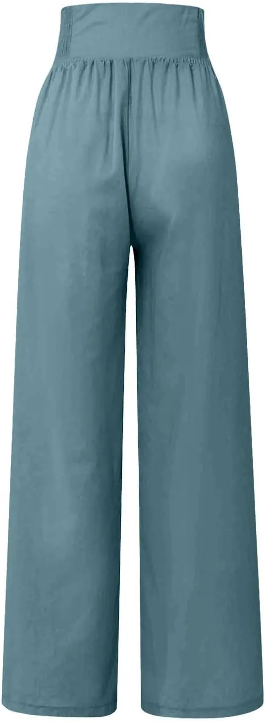 cooki Women Linen Palazzo Pants Summer Casual Elastic High Waist Wide Leg Long Cotton Beach Lounge Pants Trousers Loose Fit
