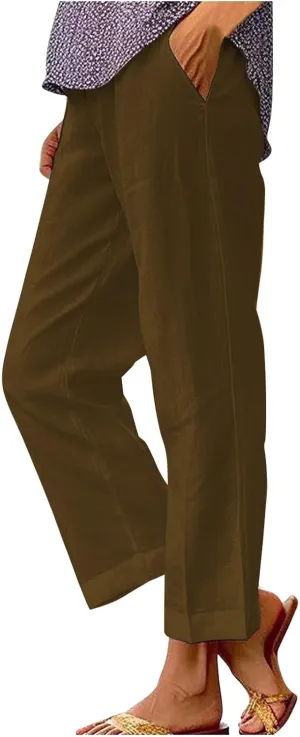 Cotton Linen Pants for Women Summer Elastic Waist Crop Pants Plus Size Straight Leg Slack Casual Trousers with Pocket
