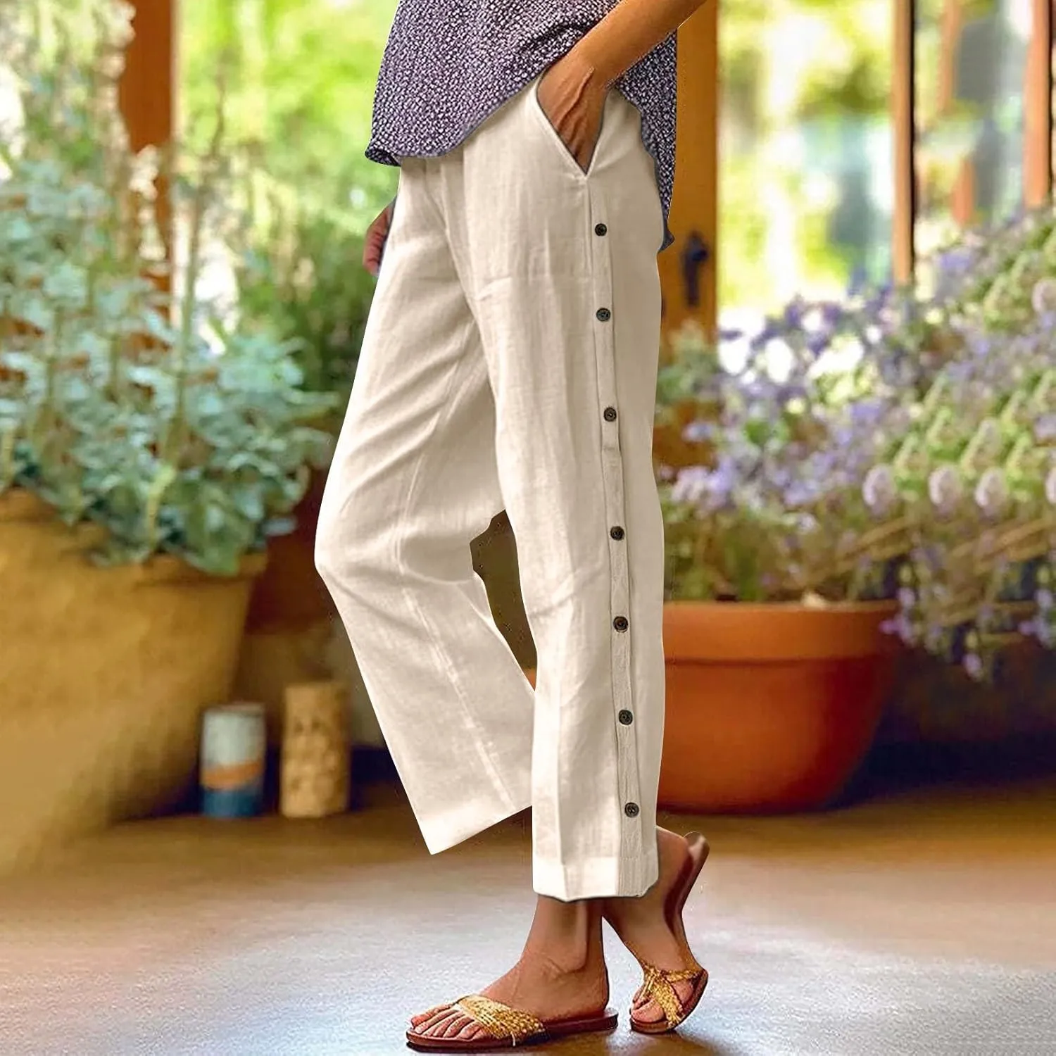 Cotton Linen Pants for Women Summer Elastic Waist Crop Pants Plus Size Straight Leg Slack Casual Trousers with Pocket